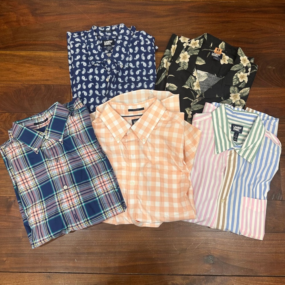 LOT of 5 Lands End Men Shirts Large Short Sleeve Button Down Polo Cotton Pattern